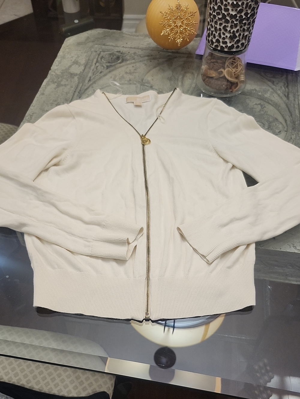 Michael Kors Womens Cream Logo Zipp Cardigan Medium